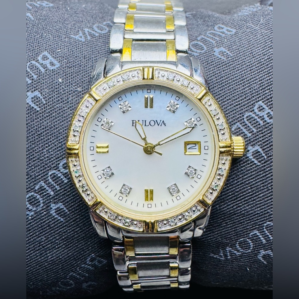 Bulova Two-Tone Stainless Mother of Pearl, Diamond Bezel Date Indicator Watch - Picture 1 of 15